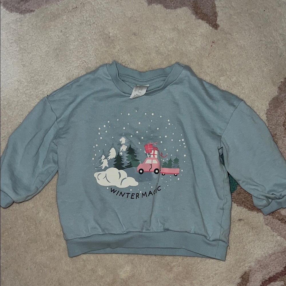 H&M Light Blue 'Winter Magic' Pullover Sweatshirt with Pink Truck Graphic